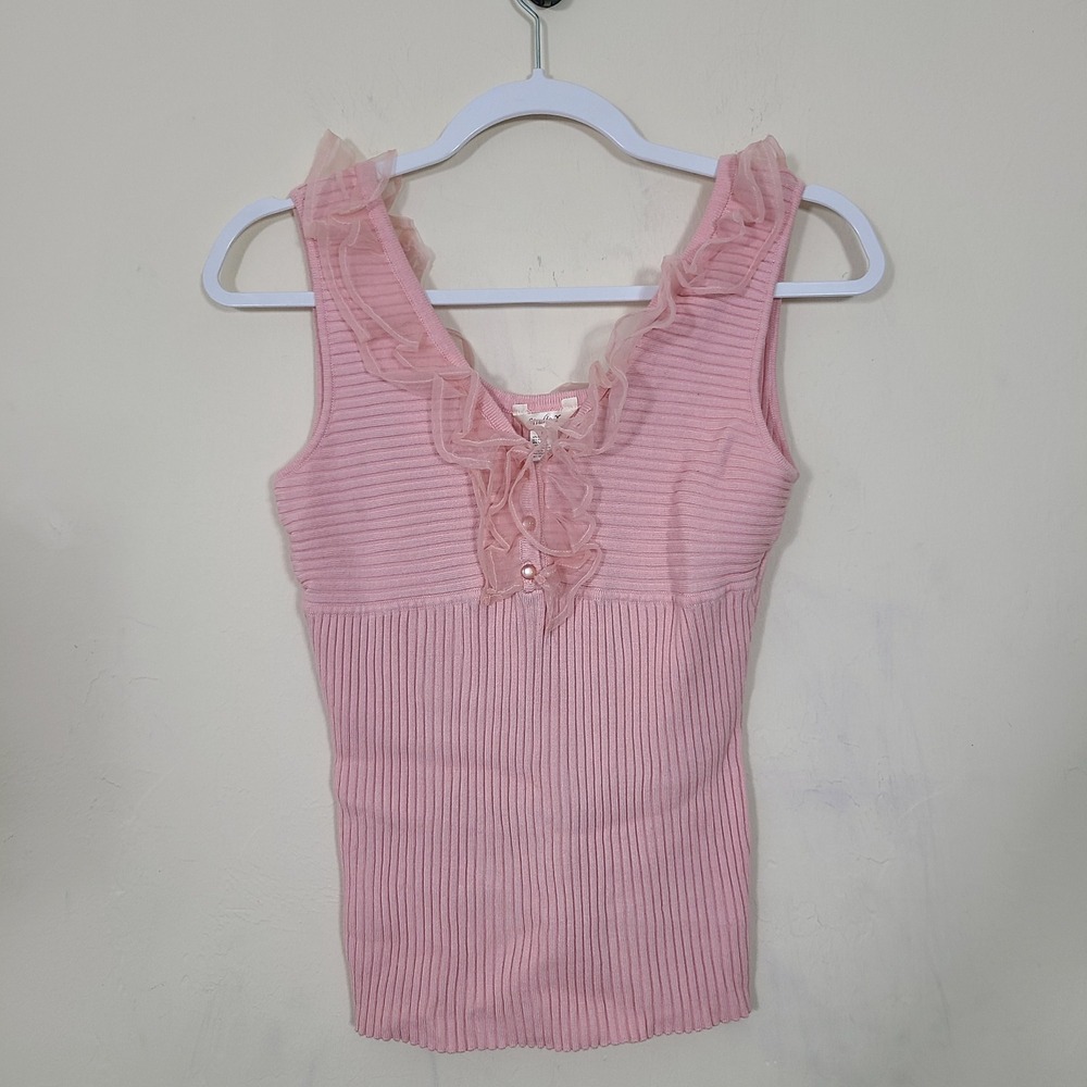 Pink Ruffle Ribbed Knit Womens M Tank Top Babydoll Coquette Girl Fairy Y2K Twee